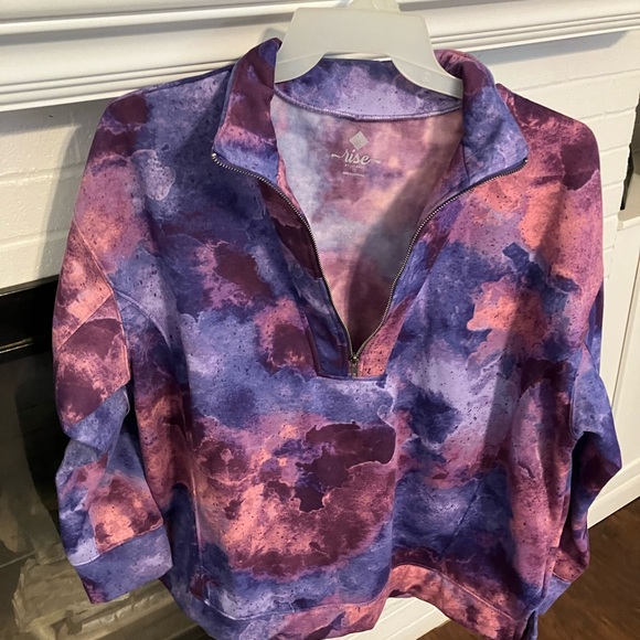 1X Lularoe Rise half zip sweatshirt in a purple, pink and blue splash pattern - Picture 2 of 3